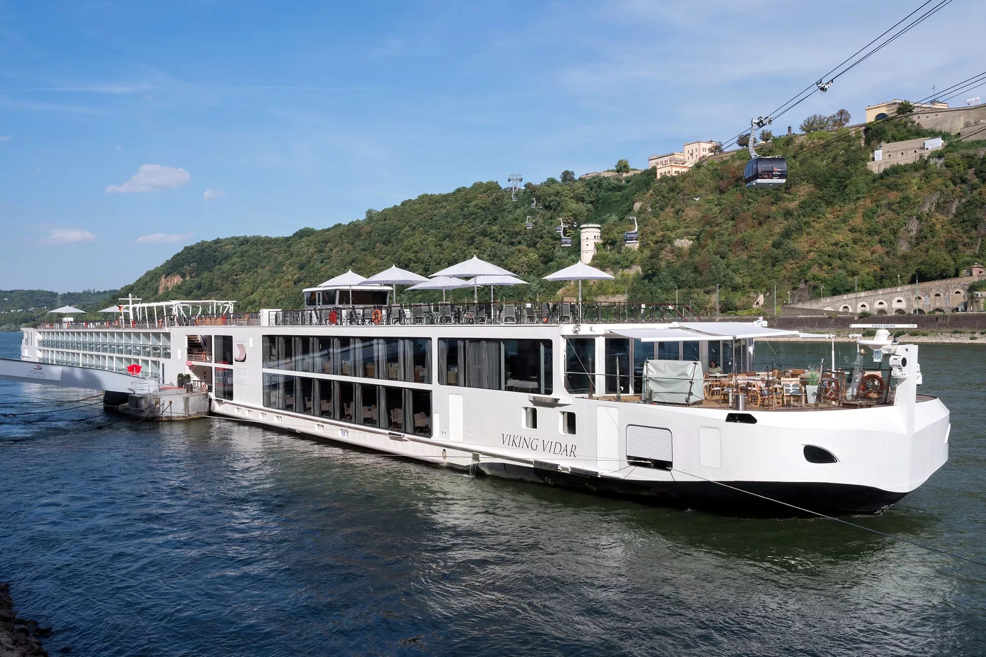 Viking Vidar moored on the Rhine at Koblenz, Germany, below the hillside fortress